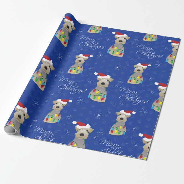 Papier Cadeau Gallois Terrier Empreintes de pattes Noël bleu (Déroulé)