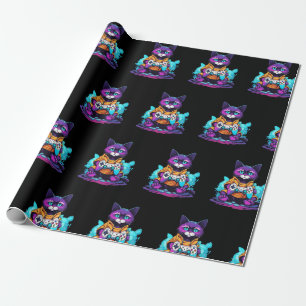 Papier Cadeau Gamer chat, chaton avec contrôleur de jeu style an