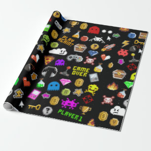 Papier Cadeau Gamer Retro Pixel Vidéo Icônes de jeu