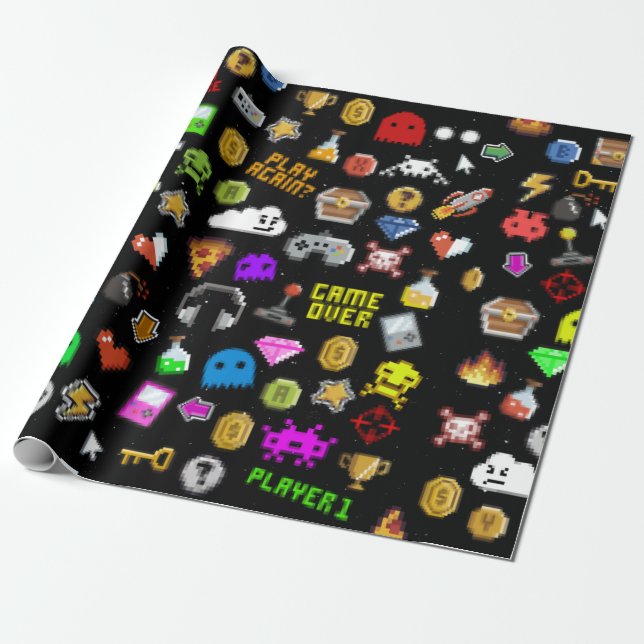 Papier Cadeau Gamer Retro Pixel Vidéo Icônes de jeu (Déroulé)