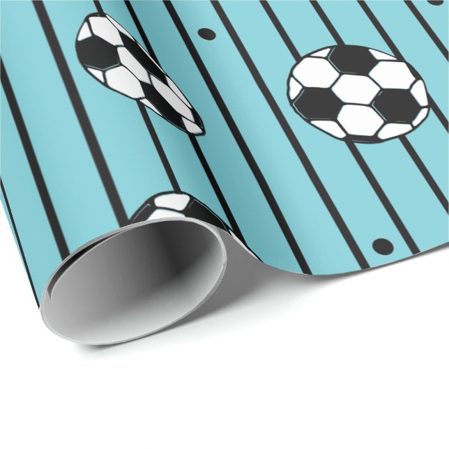 Papier Cadeau Garçons Bleu Blanc Stripes Footballs Fan de footba (Coin rond)