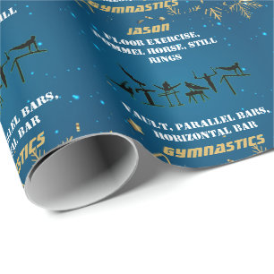 Papier Cadeau Garçons Bleu Or Hiver Gymnastique Personnalisé