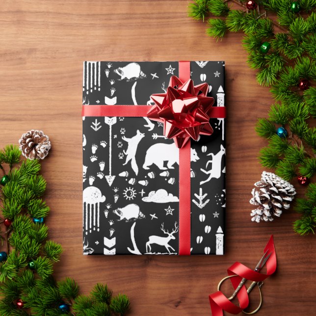 Papier Cadeau Garçons Forêt Noire & Blanche Titres animaux Flèch (Cadeau de vacances)