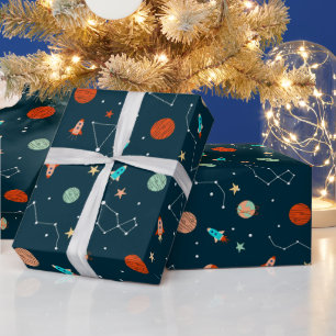 Papier Cadeau Garçons Fun Bleu Motif d'espace extra-atmosphériqu