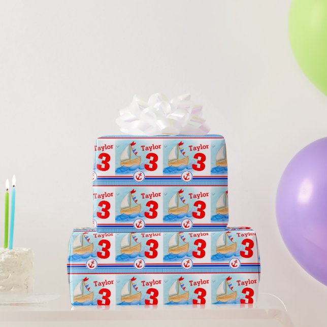 Papier Cadeau Garçons nom âge peint voilier bateau d'anniversair (Cadeaux de fête)