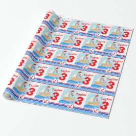 Papier Cadeau Garçons nom âge peint voilier bateau d'anniversair