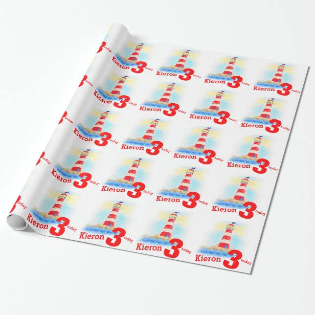 Papier Cadeau Garçons nommés phare peint 3e anniversaire envelop (Déroulé)