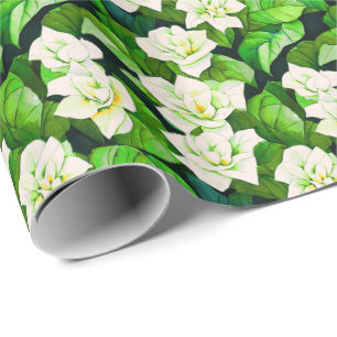 Papier Cadeau Gardenias blanches et Feuilles verts de Jade