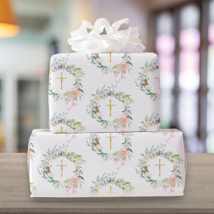Papier Cadeau Garland Christian Gold Cross Roses Floral
