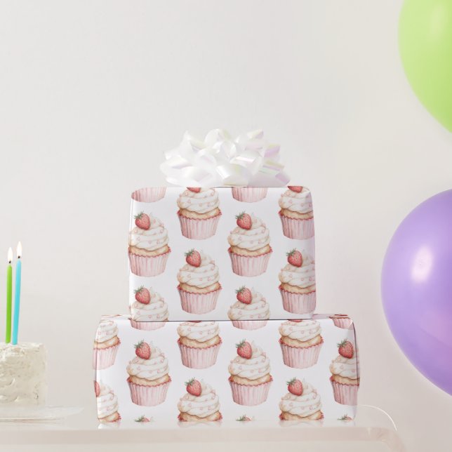 Papier Cadeau Gâteau Cupcake aux Fraises Cœurs Roses   (Cadeaux de fête)