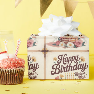 Papier Cadeau Gâteau Floral "Joyeux Anniversaire - Fais un Vœu"