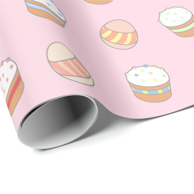 Papier Cadeau Gâteaux et oeufs de Pâques mignons Motif rose (Coin rond)