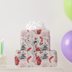 Papier Cadeau Geisha oriental, Poisson koi, Pagode japonaise