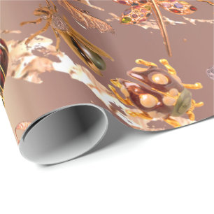 Papier Cadeau Gemmes roses d'insectes de papillon de pré d'or