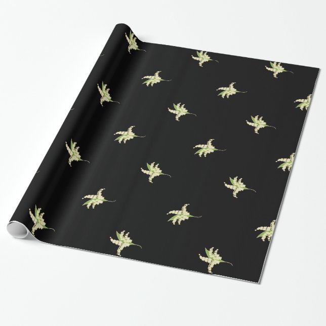 Papier Cadeau Giftwrap chic, lis de la vallée sur le noir (Déroulé)