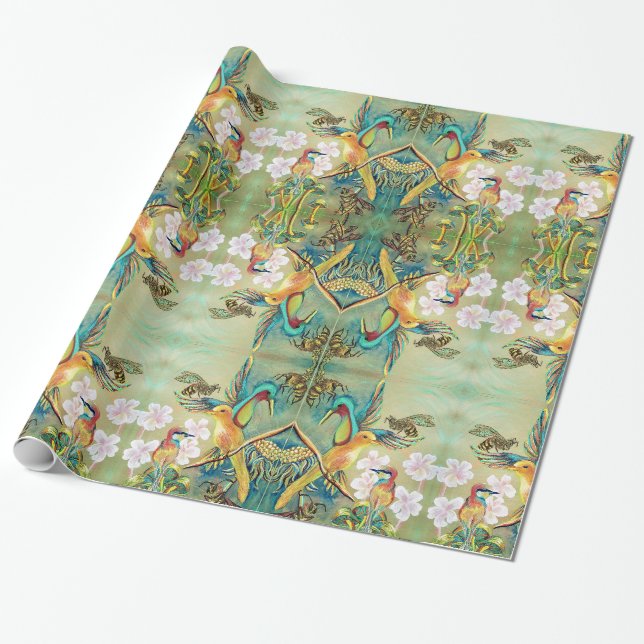 Papier Cadeau giftwrap d'oiseaux et d'abeilles (Déroulé)