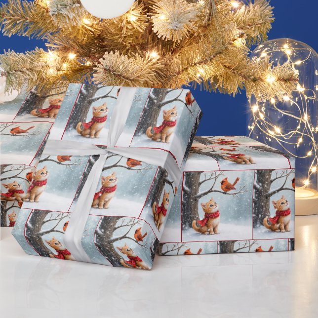Papier Cadeau Ginger Kitty regarde un cardinal (Vacances)