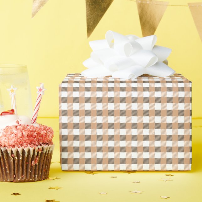 Papier Cadeau Gingham Brun Neutre et Cosy Rustique (Fête d'anniversaire)