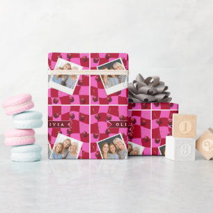 Papier Cadeau Gingham Cerise Personnalisé Rétro Nom Personnalisé