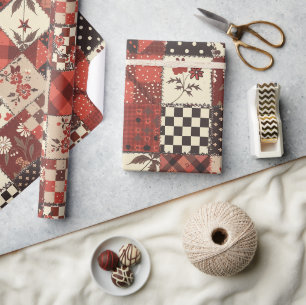 Papier Cadeau Gingham Fleurs de Cottage Rouge