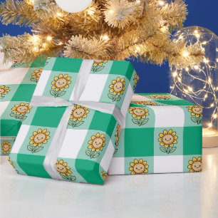 Papier Cadeau Gingham Vert et Tournesols Jaunes