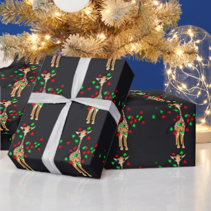 Papier Cadeau girafe de Noël festive, vert rouge scintillant