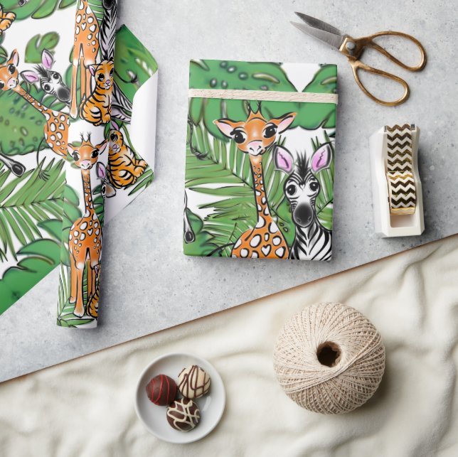 Papier Cadeau Girafe zèbre tigre jungle amis (Artisanat)
