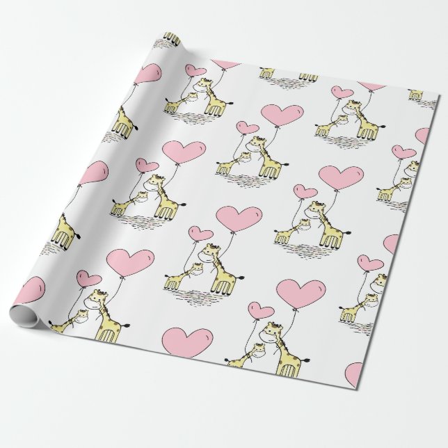 Papier Cadeau Giraffe Balloon rose maman Baby shower fille (Déroulé)