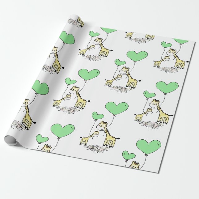 Papier Cadeau Giraffe Balloon vert Mama Baby shower garçon fille (Déroulé)
