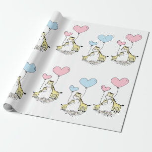 Papier Cadeau Giraffe bleu rose Ballons Mama Baby Genre Révélati