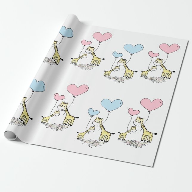 Papier Cadeau Giraffe bleu rose Ballons Mama Baby Genre Révélati (Déroulé)