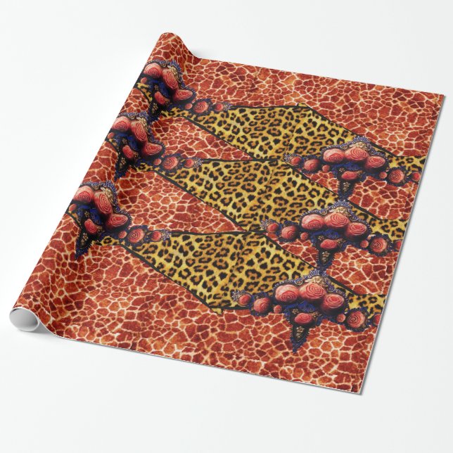 PAPIER CADEAU GIRAFFE IMPRIMÉ, RIBBON DE FOUR LÉOPARD, ROSES DE  (Déroulé)