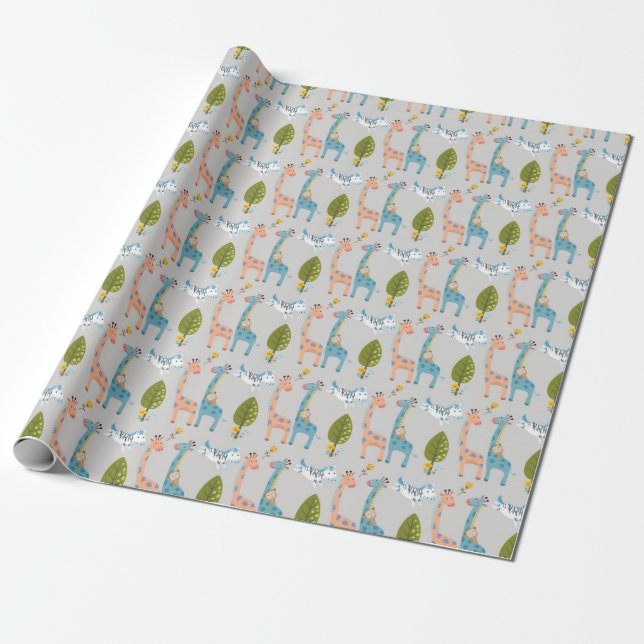 Papier Cadeau Giraffe Zebra Et Motif De Singe (Déroulé)