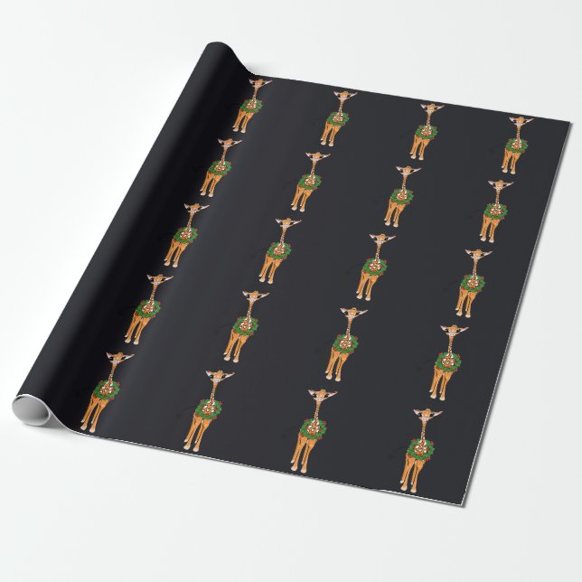 Papier Cadeau Giraffes de Noël, couronne verte rouge Holly (Déroulé)