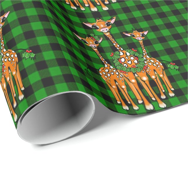 Papier Cadeau Giraffes de vacances, guirlande sainte, plaid vert (Coin rond)