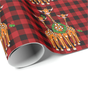 Papier Cadeau Giraffes de vacances, guirlande sainte, tartan rou