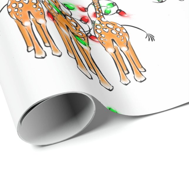Papier Cadeau Giraffes de vacances, lumières rouge et verte scin (Coin rond)