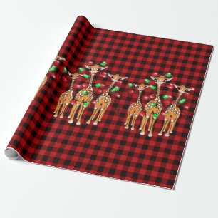 Papier Cadeau Giraffes de vacances, rouge scintillant, lumières
