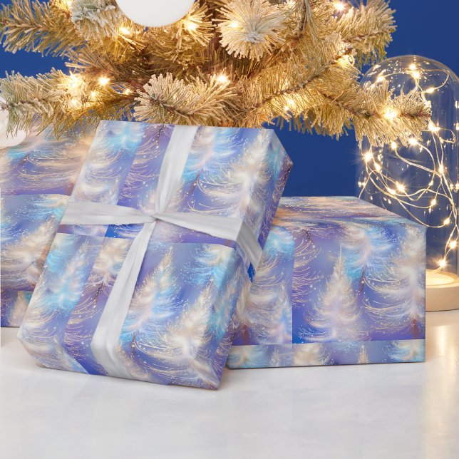Papier Cadeau Glace Bleu et Arbres d'or Noël moderne (Vacances)