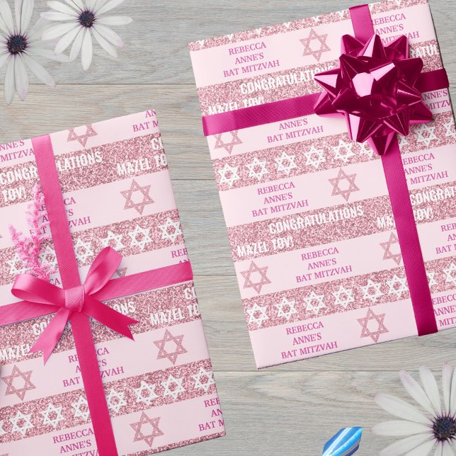 Papier Cadeau Glam Pink Personnalisé Juive Bat mitzvah fille (This pink faux glitter wrapping paper is easy to personalize for the Bat Mitzvah girl)