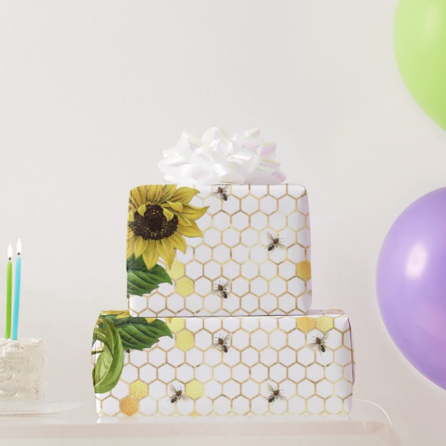 Papier Cadeau Glam Yellow Sunflower Gold Honeycomb abeilles (Cadeaux de fête)