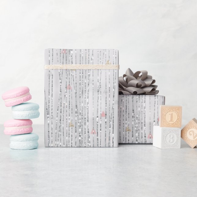 Papier Cadeau Glitterie argentée blanche Étincelle Coeurs roses (Baby Shower)