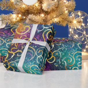Papier Cadeau Glitterie brillante Purple Bleu et Flèches d'or