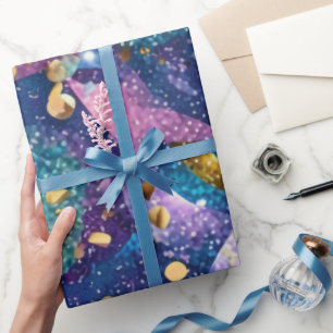 Papier Cadeau Glitterie brillante violet Feuilles bleu et or