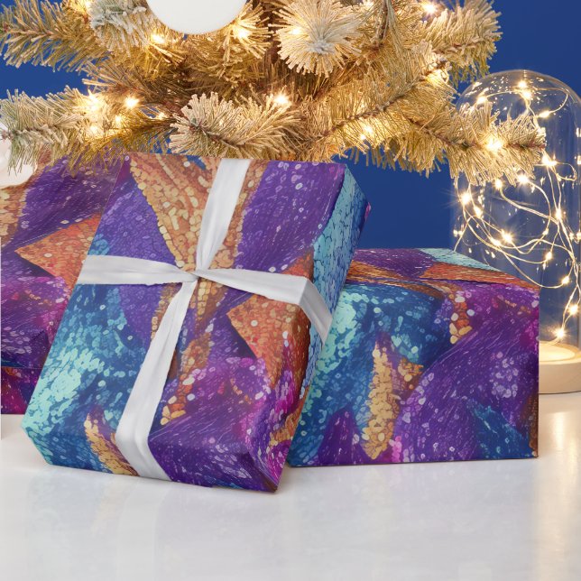 Papier Cadeau Glitterie brillante violet Feuilles bleu et or (Vacances)