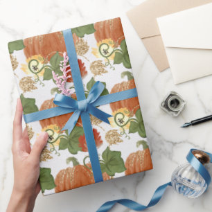 Papier Cadeau Glitterie orange et blanche Citrouilles et vignes