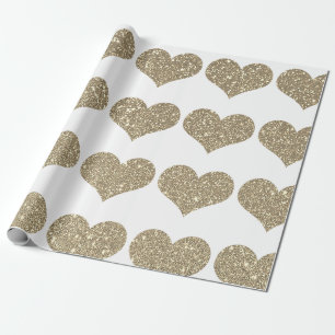 Papier Cadeau Glittery Gold Heart Motifs Golden White Sparkle