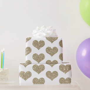 Papier Cadeau Glittery Heart Motifs Or Golden White Sparkle