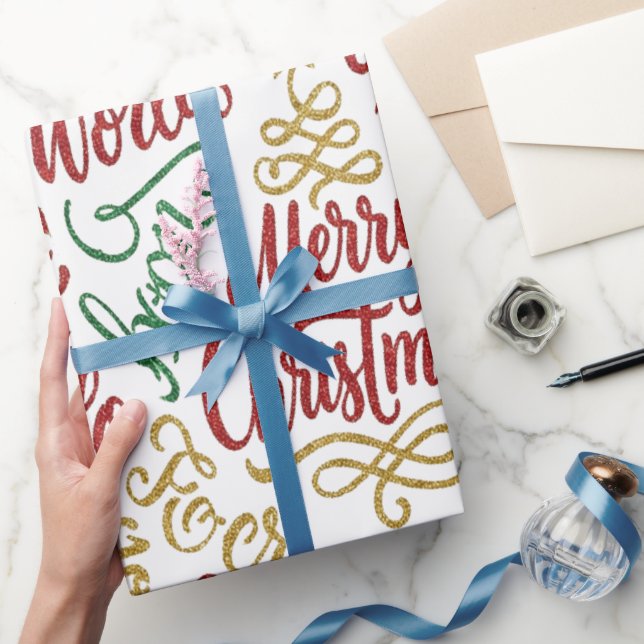 Papier Cadeau Glittery Merry Christmas and Joy Typography (Cadeaux)