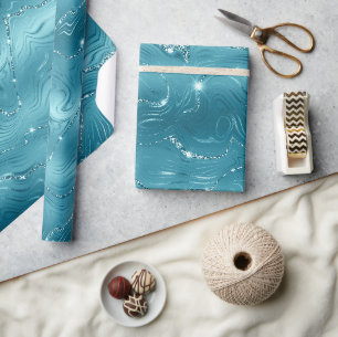 Papier Cadeau Glitzy Aqua Blue Turquoise Parties scintillant Ann